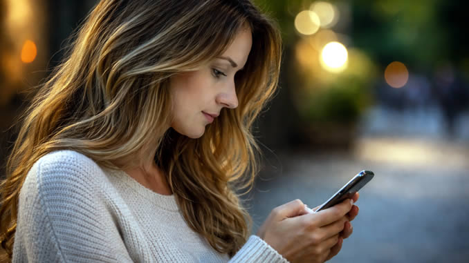Junge Frau mit Smartphone im Abendlicht