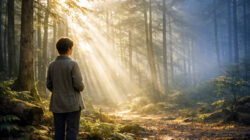 Mystische Gotteserfahrung Frau im Wald mit mystischer Erfahrung