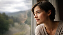 Ashwagandha Wirkung Nachdenklicher Blick einer Frau aus dem Fenster
