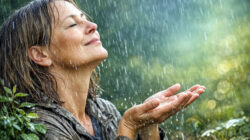 Weibliches Prinzip der Natur Frau lächelnd im Regen und hält die Hände hoch