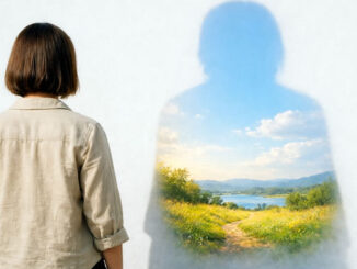 Frau mit Schatten in Form einer Landschaft