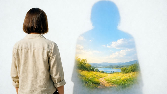Frau mit Schatten in Form einer Landschaft