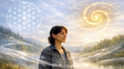 Frau vor Wald- und Energiehintergrund