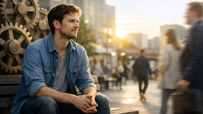 Mann auf einer Bank mit Zahnrädern im Hintergrund