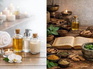 modernes Spa mit Ölen in moderner Umgebung, rechts eine traditionelle ayurvedische Szene mit Mörser, Kräutern und alten Texten