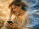 Frau im Wirbel und Handy