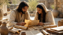 Jesus und Maria Magdalena Studium von Schriftrollen im mediterranen Hinterhof