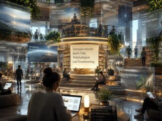 Futuristische Bibliothek mit schwebenden Inhalten