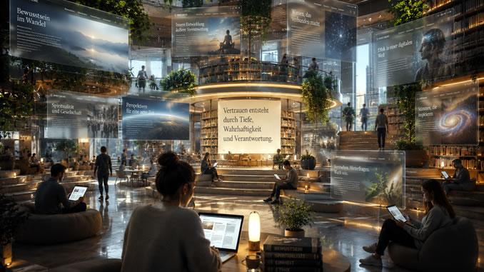 Futuristische Bibliothek mit schwebenden Inhalten