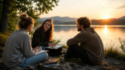 Sinn statt Status diskutieren junge Menschen am See