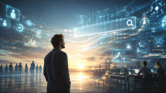 Futuristische digitale Landschaft und Mensch