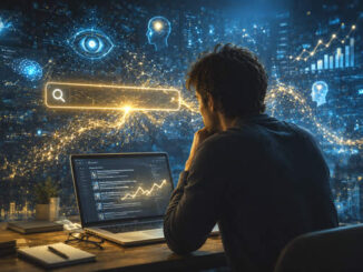 Mann vor Laptop mit Kurven und Suchmaschine