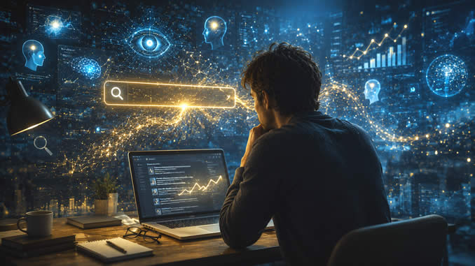 Mann vor Laptop mit Kurven und Suchmaschine