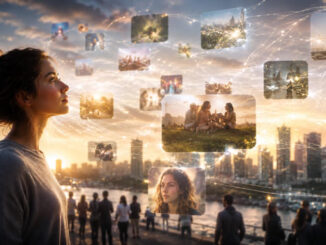 Digitale Verbindung einer Frau bei Sonnenuntergang
