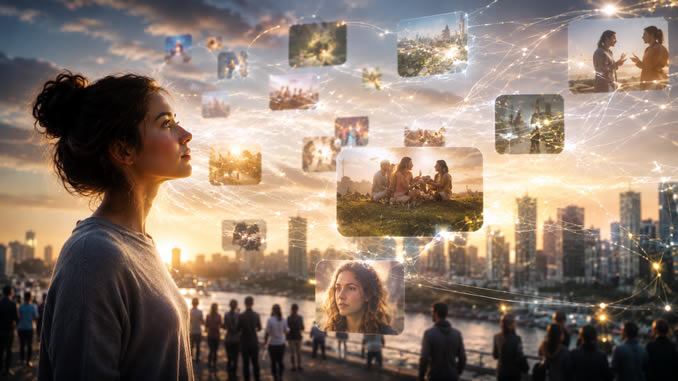 Digitale Verbindung einer Frau bei Sonnenuntergang