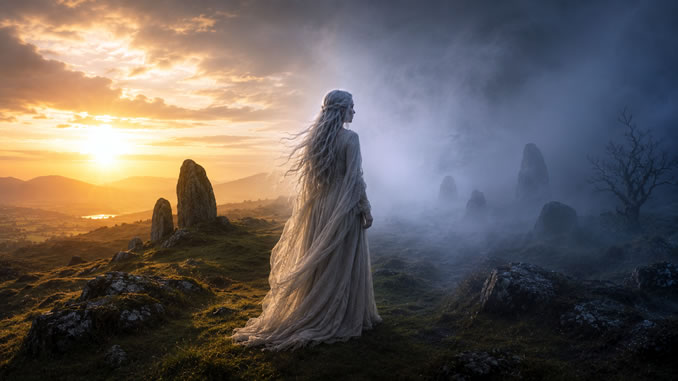 Frau zwischen Licht und Nebel